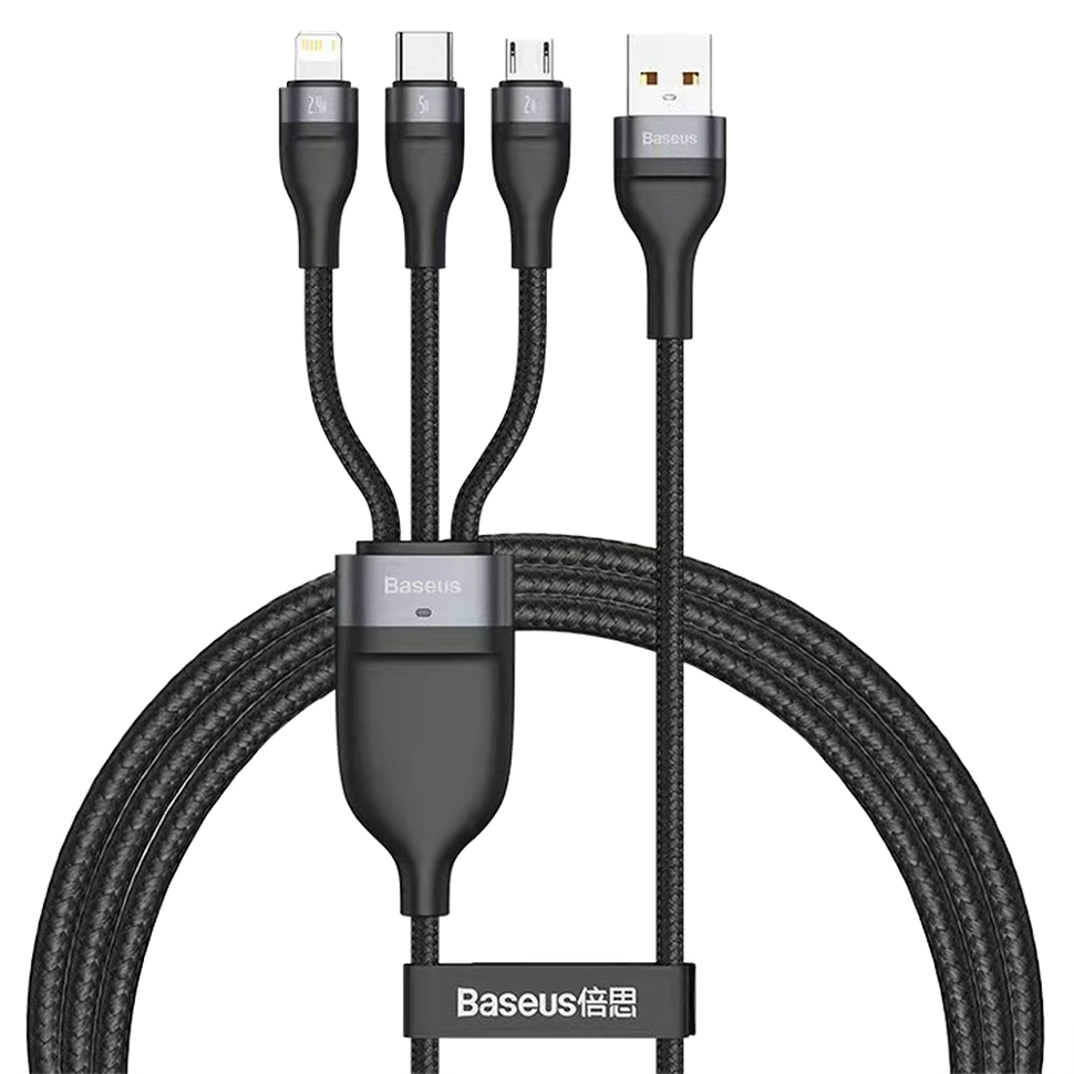 Кабель Baseus Flash One-for-three micro USB+Lightning+Type-C 5A 1.2м Черно-Серый 
