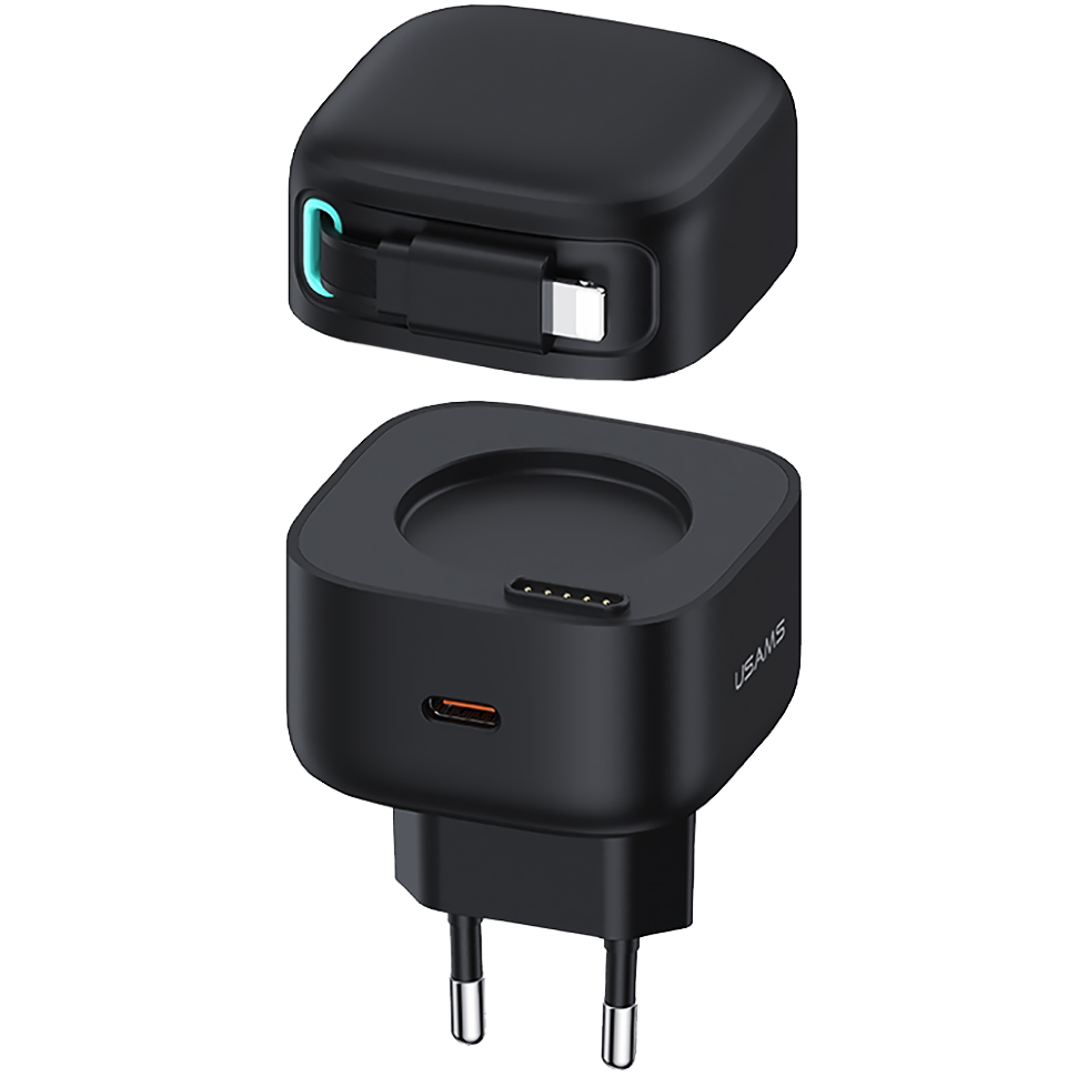Сетевой адаптер Usams US-CC209 XMF PD35W GaN с телескопическим кабелем Lightning Чёрный (Уцененный кат.А) 