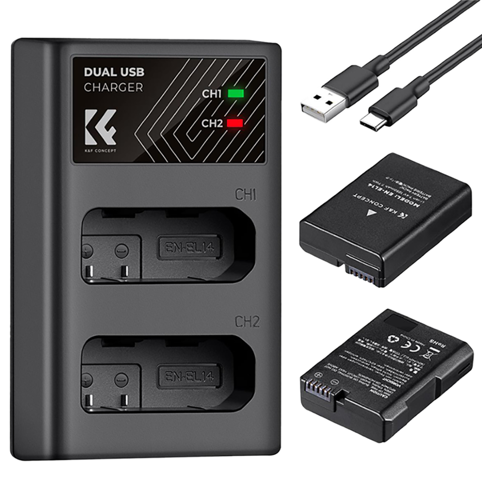 2 аккумулятора EN-EL14 + зарядное устройство K&amp;F Concept KF28.0020 